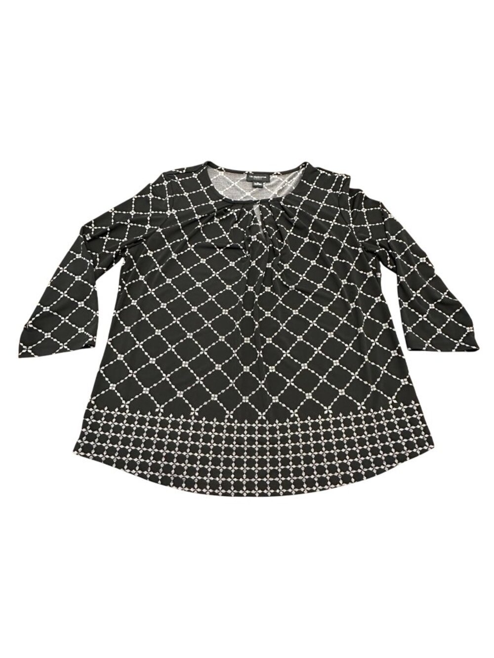 Liz Claiborne Shirt XL Black White Career 3/4 Sleeve Keyhole Neckline